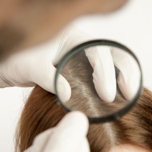 Someone wearing latex gloves uses a magnifying glass to examine someone's scalp.